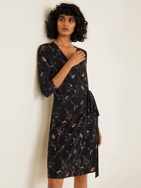 Mango Black Floral Wrap Midi Dress
